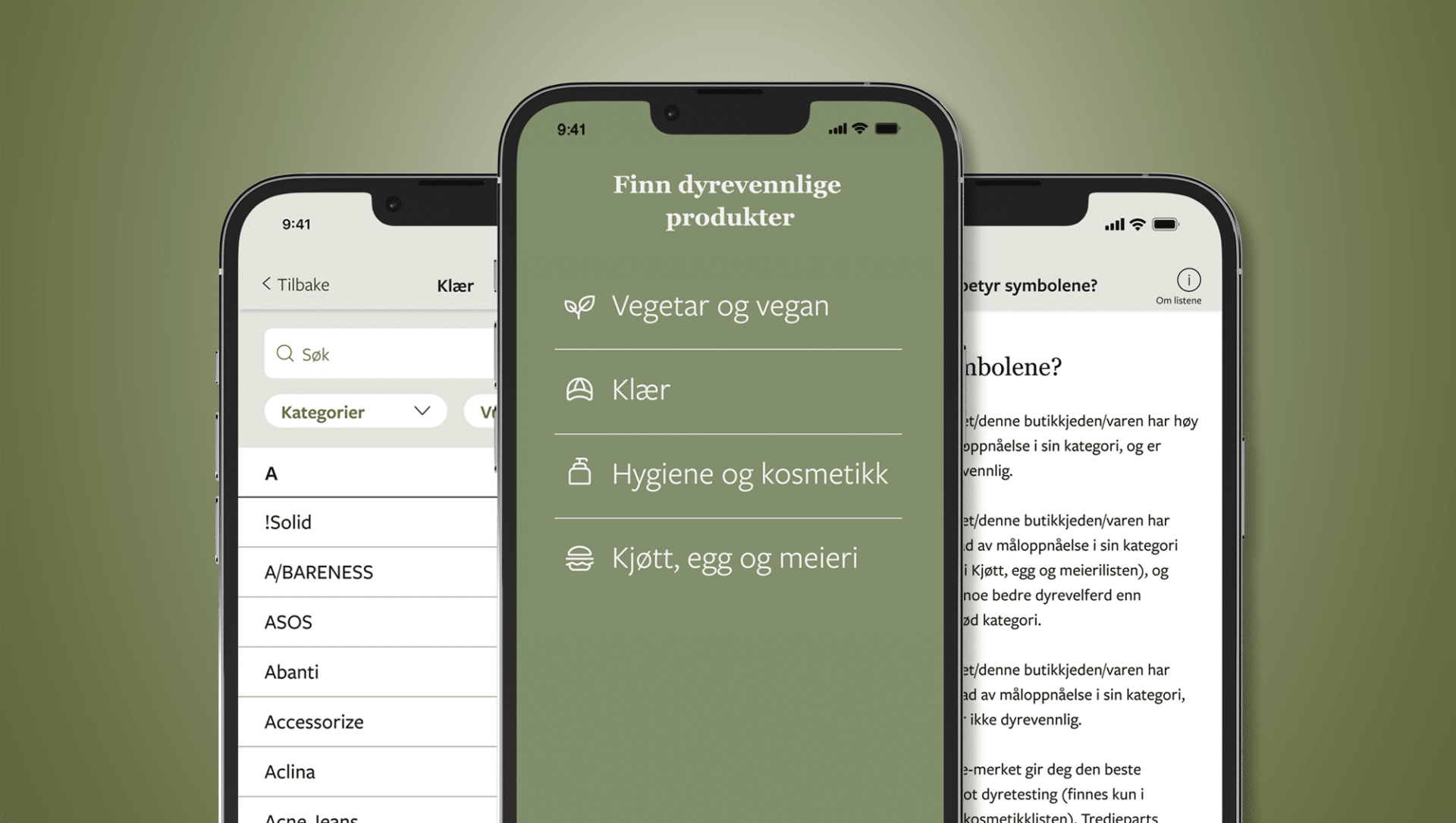 Bilde som viser appen Dyrevennlig på telefon 