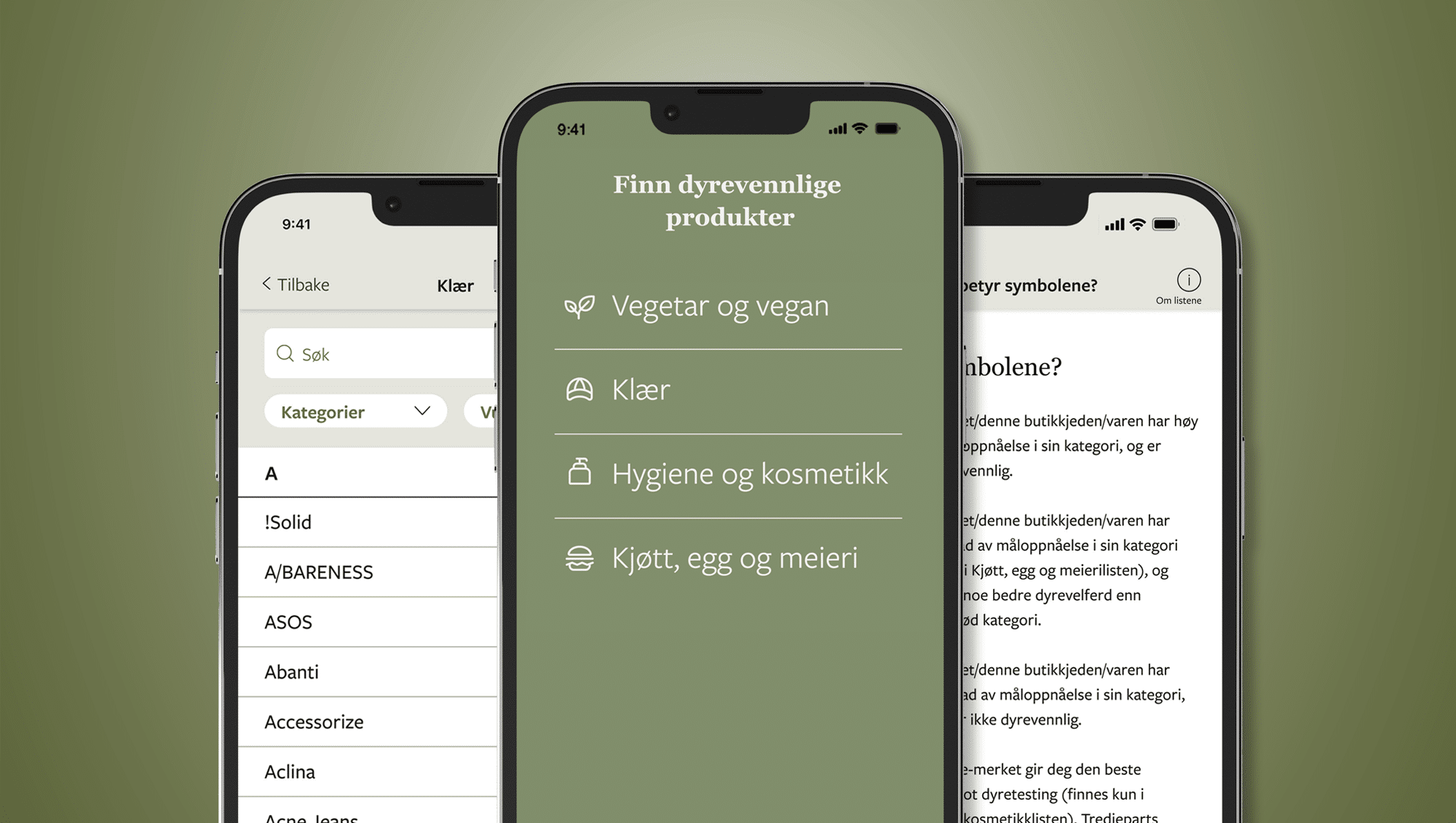 Bilde som viser appen Dyrevennlig på telefon
